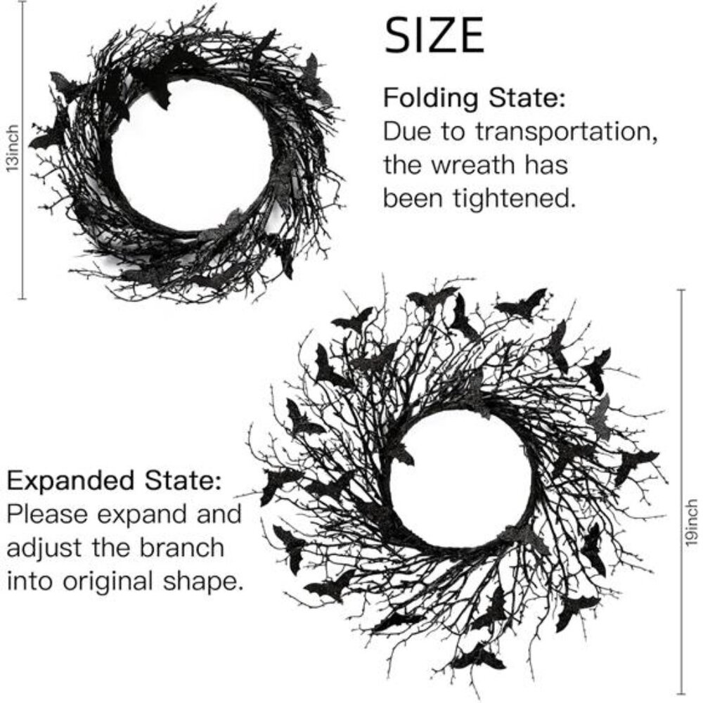 New 17.7"Artificial Black Twig Wreath with Glitter Bats‎ - Handmade - Picture 3 of 8
